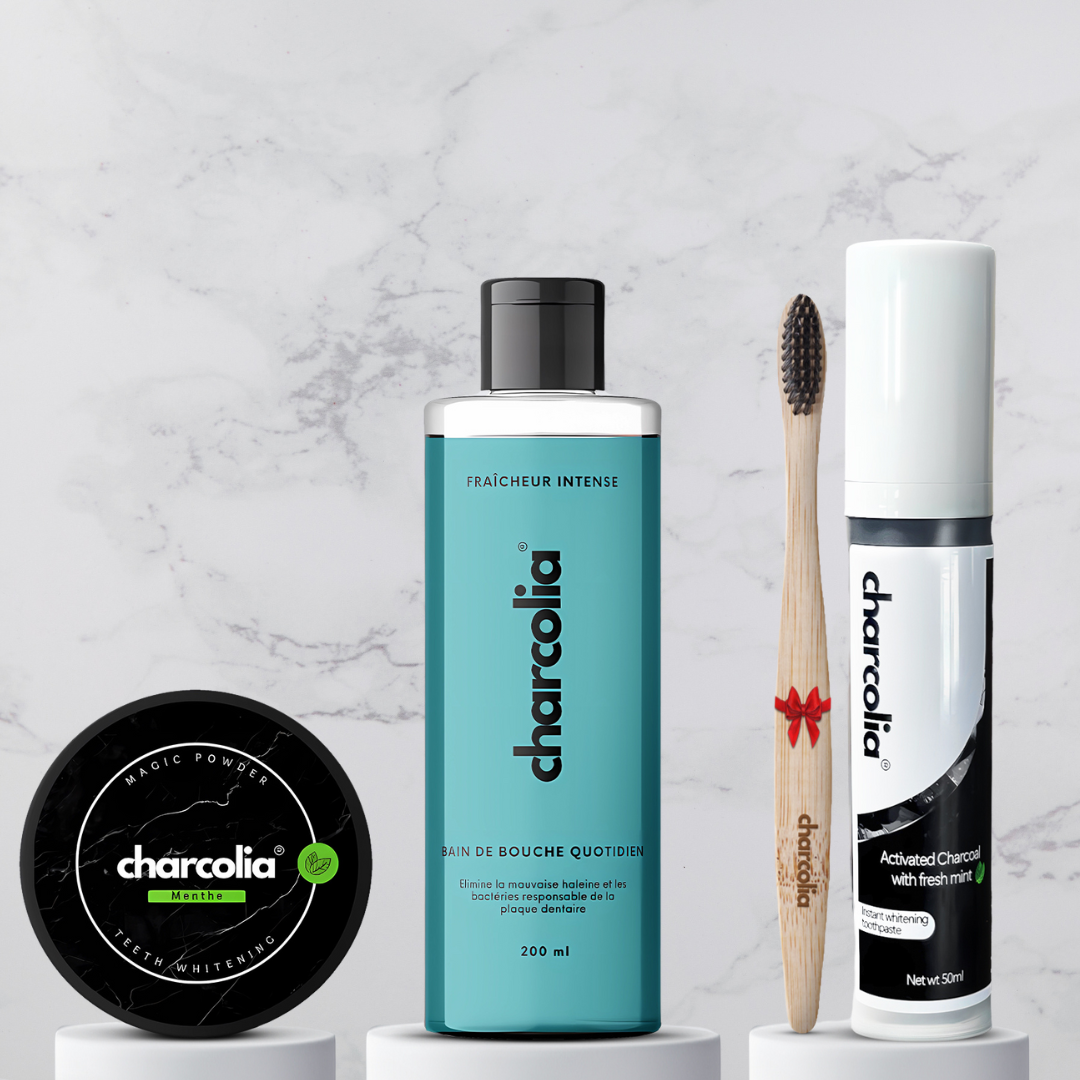 Dentifrice INSTANT WHITENING+ Poudre Blanchisante + Bain de Bouche: Brosse á dents en bambou CADEAU GRATUITE